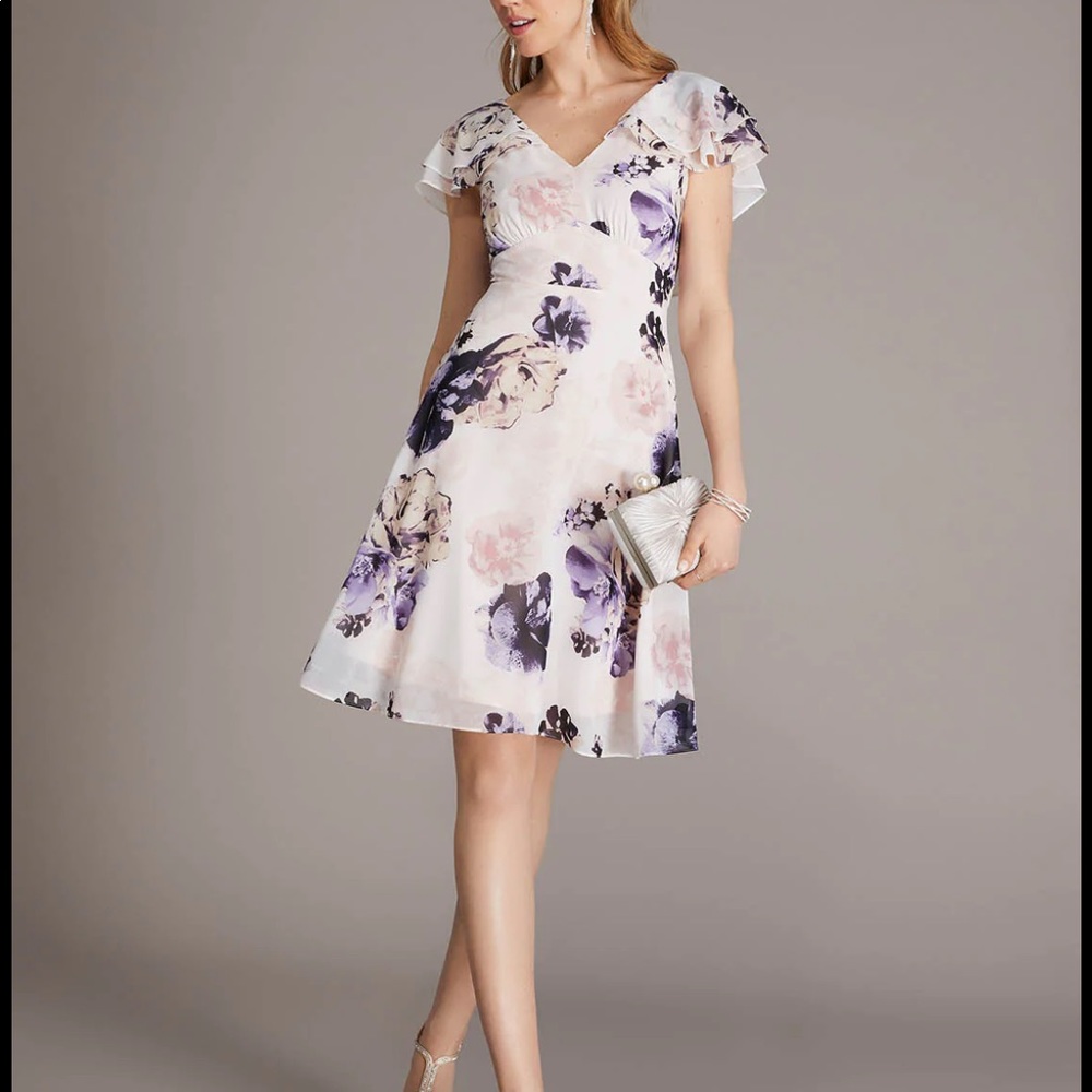 Le Chateau Printed Chiffon Fit & Flare Knee Length Dress With Flutter Sleeves